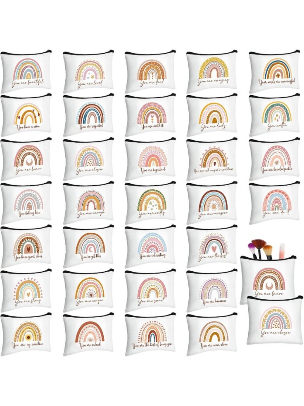 32 Pcs Boho Rainbow Makeup Bags Set | Inspirational Cosmetic Bags for Travel